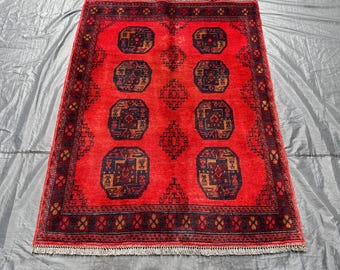 Tappeto antico in lana boho da 4 x 5 piedi - Autentico tappeto tribale vintage - Piccolo tappeto in lana tessuto a mano per l'arredamento del soggiorno o della camera da letto