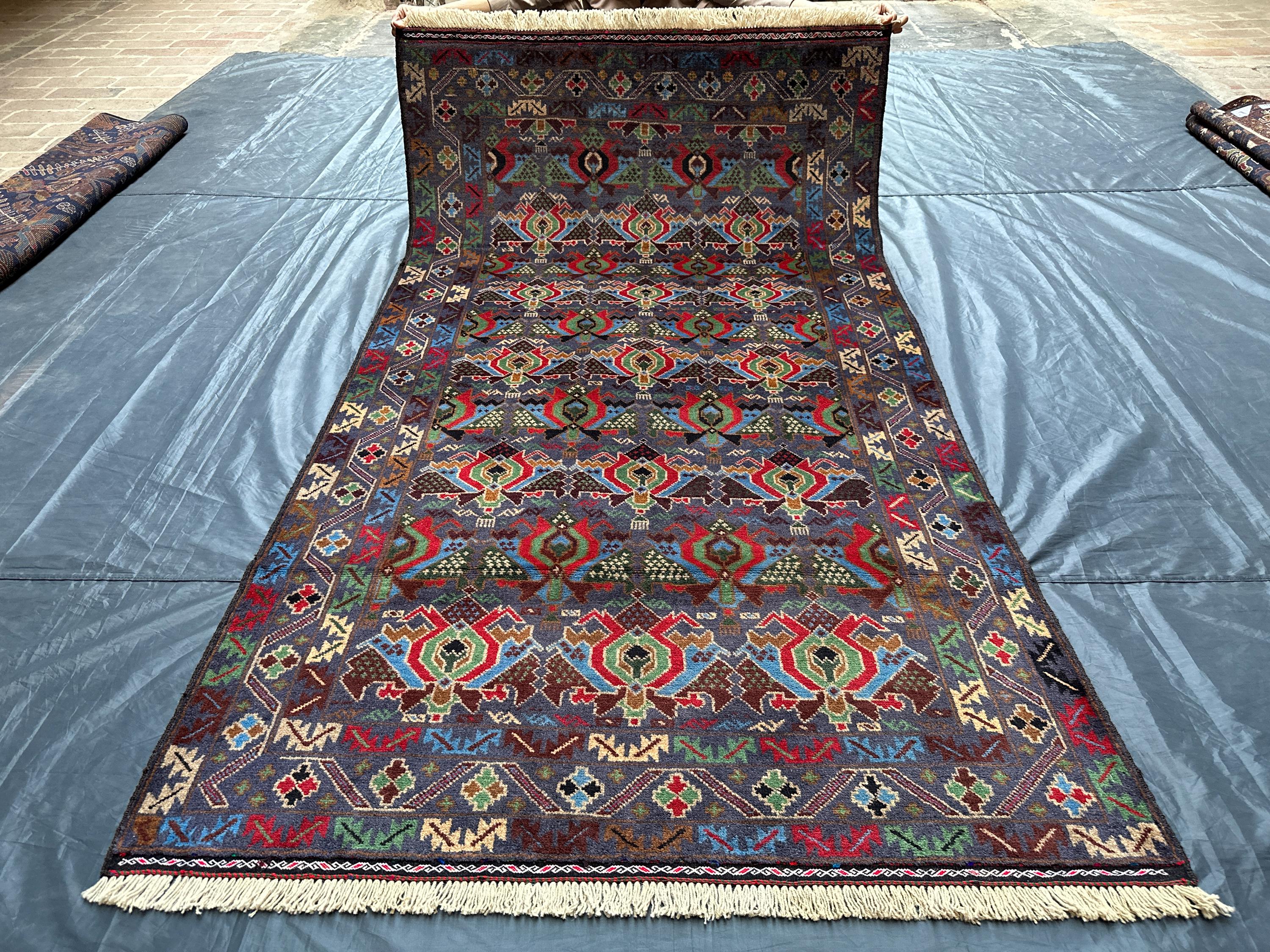 Vintage Baluchi Rug: 4x7 Afghan Wool Rug, Purple Geometric Design