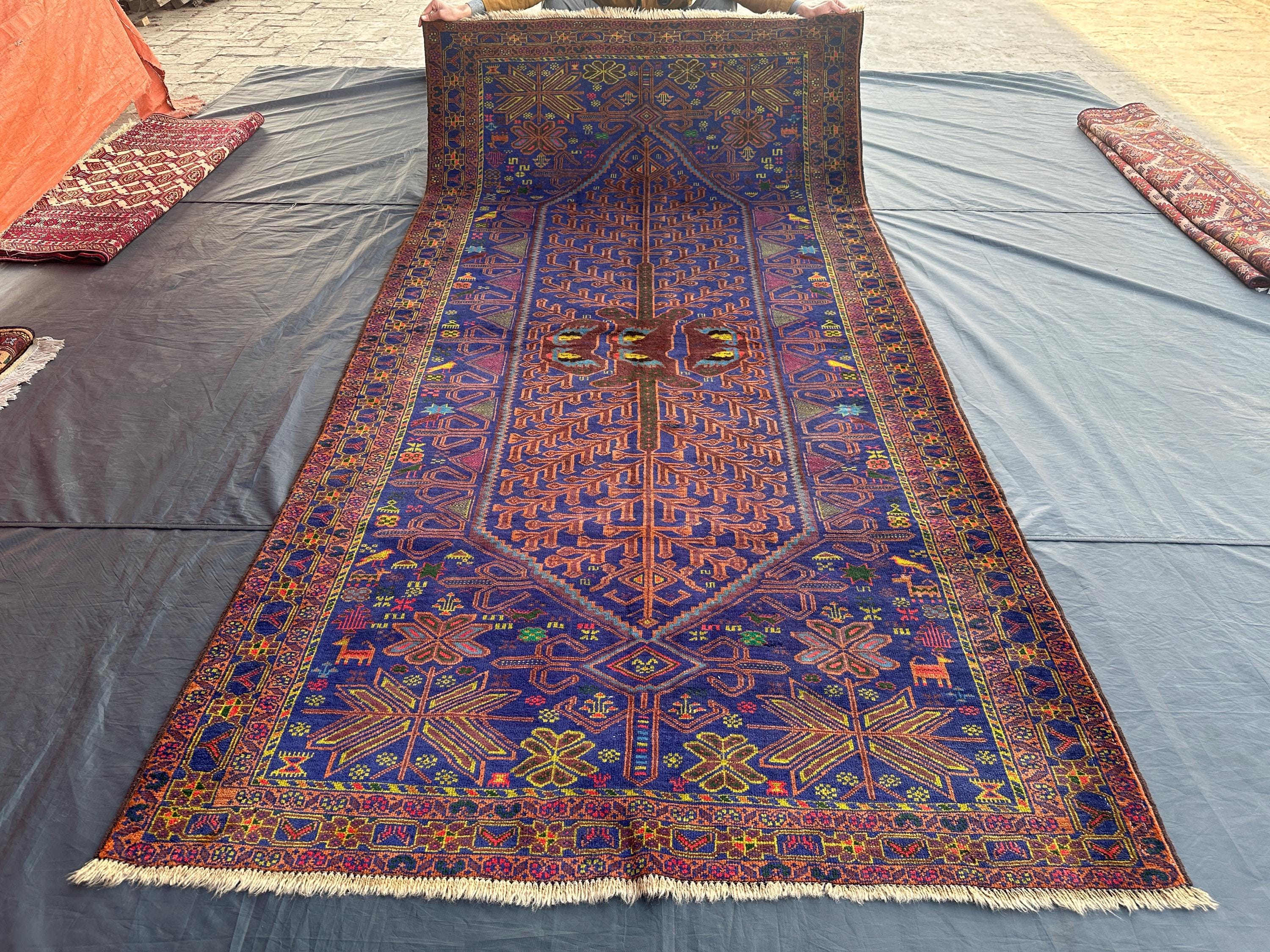 Vintage Baluchi Rug: 5x9 Navy Blue Geometric Wool Hallway Carpet