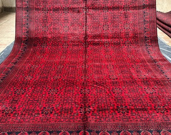 Hand Knotted Afghan Red Bukhara Rug: Turkmen Wool, Vegetable Dyes (9.11x13.3)