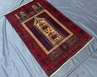Handmade Afghan Wool Prayer Rug: Vintage Baluchi Islamic Mat (3x4 ft)