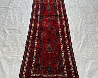 Vintage Ala Khoja Wool Runner Rug: 3x13 Turkmen Oriental Hallway Rug