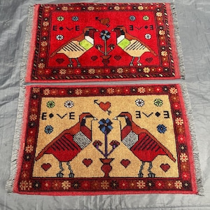 Afghan Handmade 2x3 Wool Rug – Bird Motif Small Carpet – Oriental Animal Print Mini Mat – Vintage Boho Accent Rug – Entryway Deco
