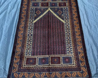Vintage Wool Prayer Rug: 3x5 ft Handmade Afghan Islamic Decor