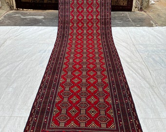 Handmade Wool Turkmen Runner Rug: Zahir Shahi Vintage Stair Decor (3x10)