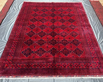 8x10 Afghan Hand-Knotted Wool Rug: Turkmen Red Kalisa Design