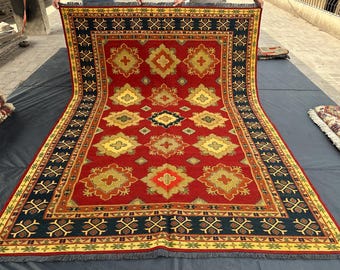 7x9 Ft, Soumak Kilim, Tribal Vintage Rug, Afghan Handmade Kilim Wool Kilim, Flatweave Red Kilim, Dining Room, Bedroom, Livingroom