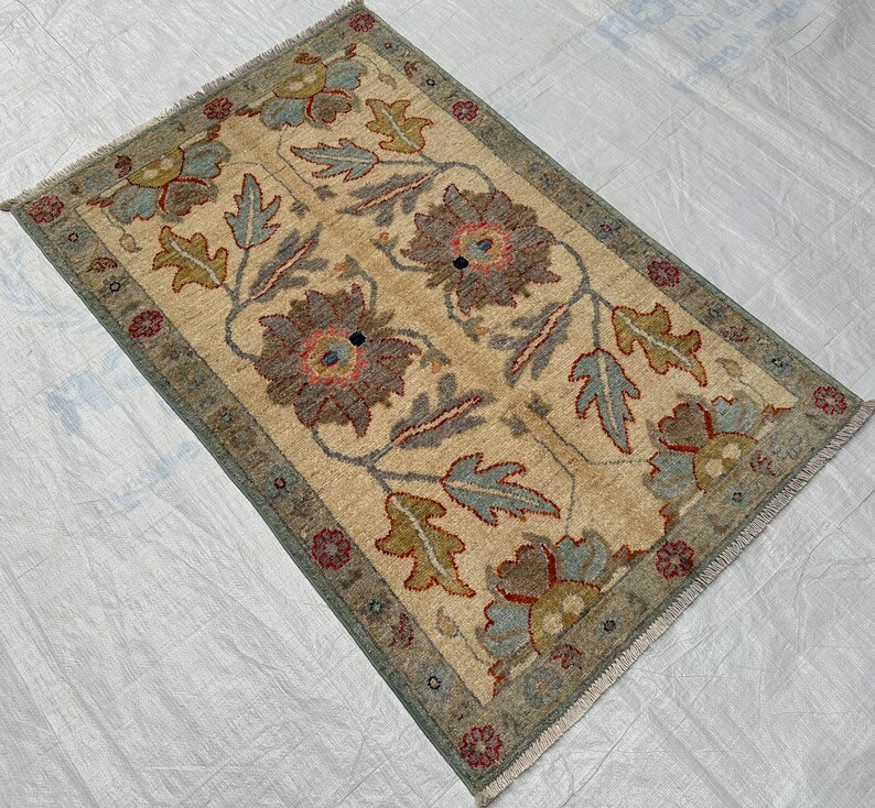 3x4 Afghan Hand Knotted Light Yellow Gul Design Small Area Rugwashable