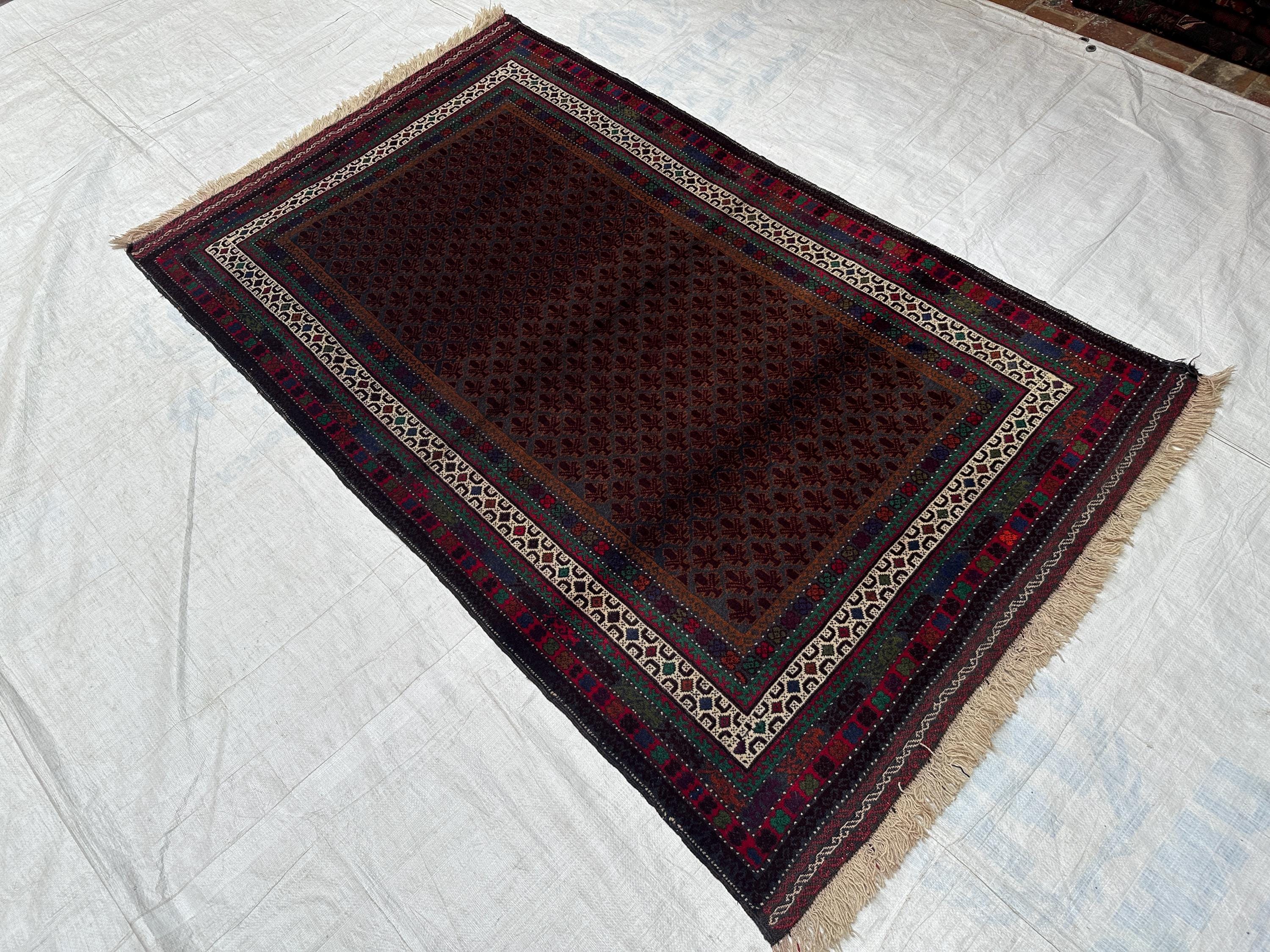 Vintage Afghan Baluch Rug: Handmade Wool Tribal Design (3.10x6.5