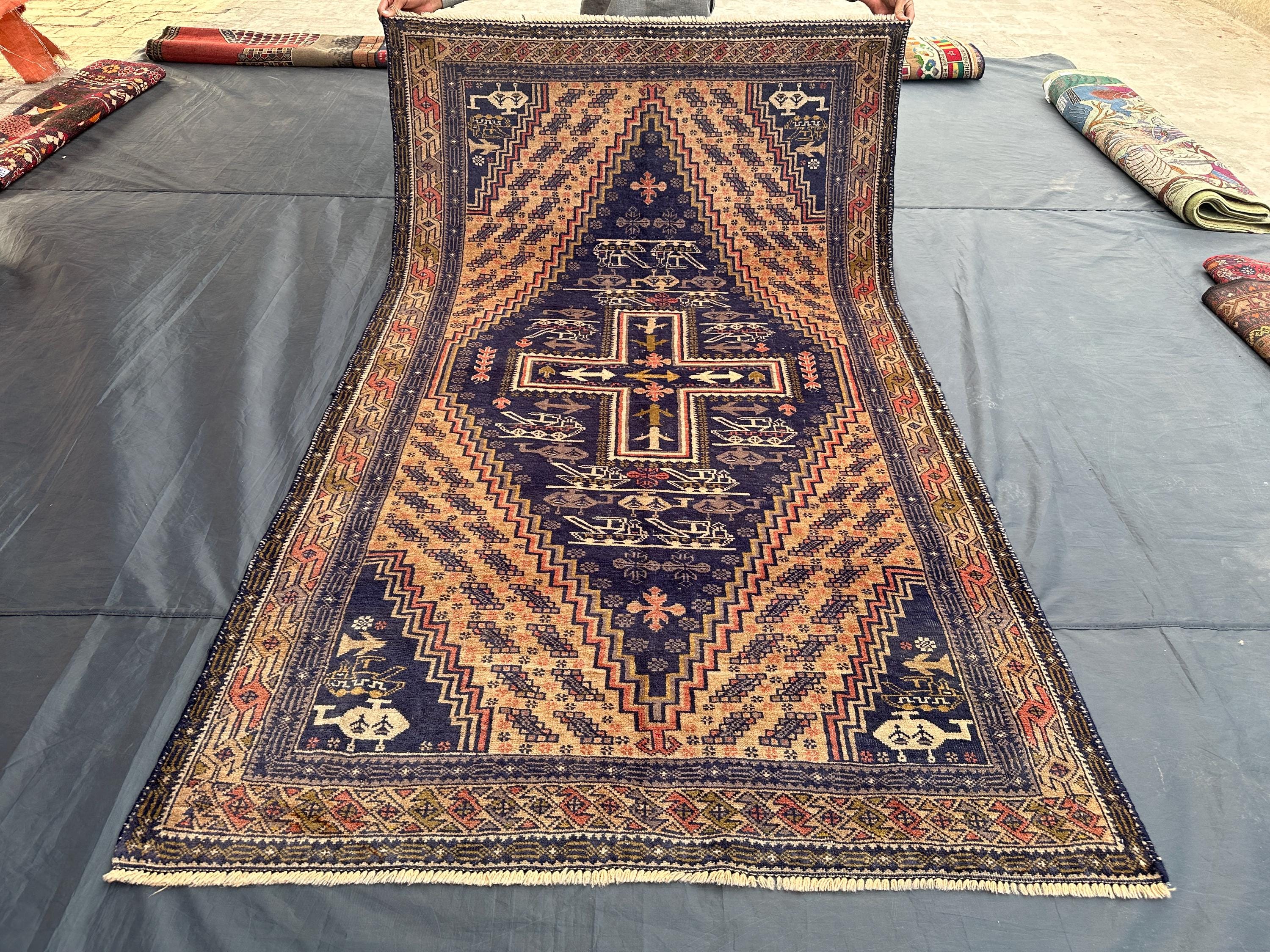 Handmade Baluchi Wool Rug: 4x6 Orange & Blue Afghan Tribal Carpet