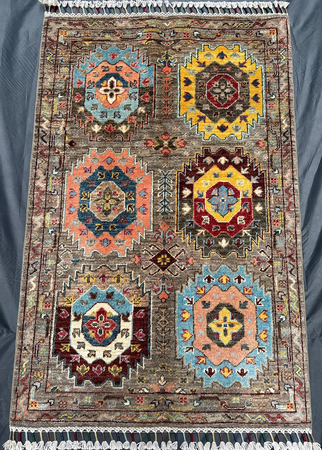 3x4 Afghan Hand Knotted Gray Chobe Design Small Area Rugwashable Rug