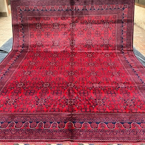 Handmade Bokhara Rug - 10x13 ft - Rich Red Wool Carpet - Afghan Artisan Design - Elegant Traditional Style Rug - Perfect for Large Spaces