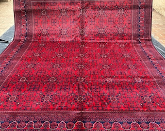 Handmade Afghan Bokhara Rug: 10x13 ft, Rich Red Wool Carpet