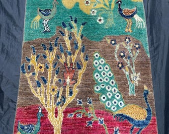 Handmade Afghan Wool Rug 3x4, Tree of Life, Birds & Peacocks