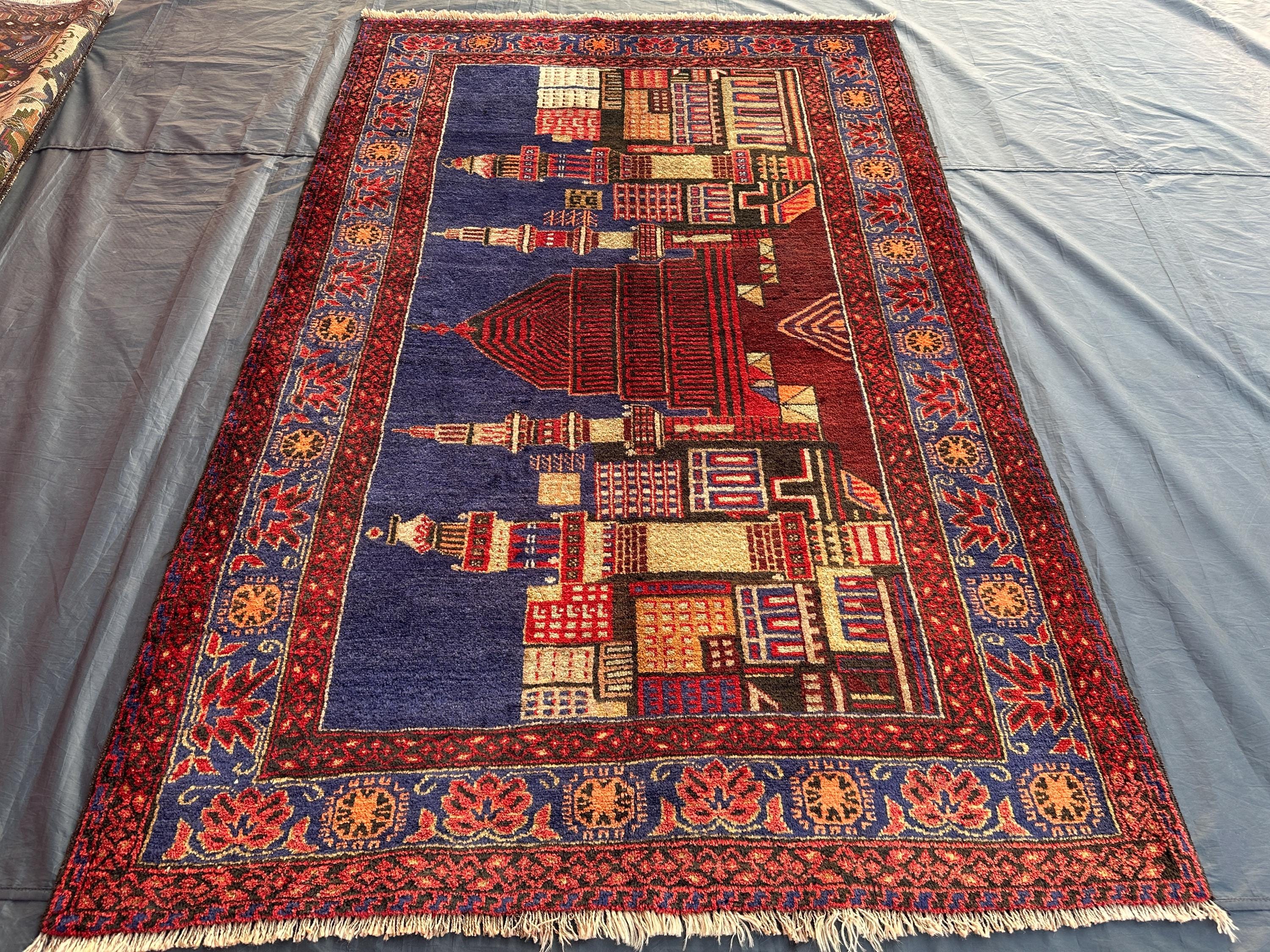 ラグ・カーペット Baluch rug 1920s Afghan Wool Rug: Vintage Baluch House Print, 5x7 Tribal Rug