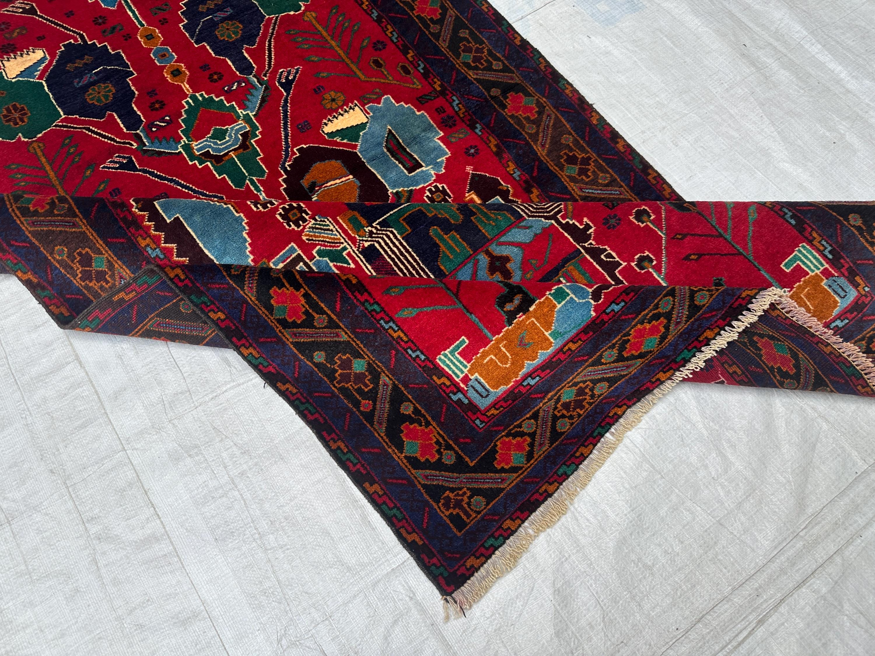 ヴィンテージ バルーチ ウール ラグ: 3x6 レッド&ブルー アフガン