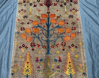Handmade Wool Afghan Rug 3x4, Tree of Life Pictorial Design