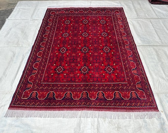 Handmade Bokhara Wool Rug, Tribal Red Oriental Boho Carpet, Afghanistan Ghazni Wool, Custom