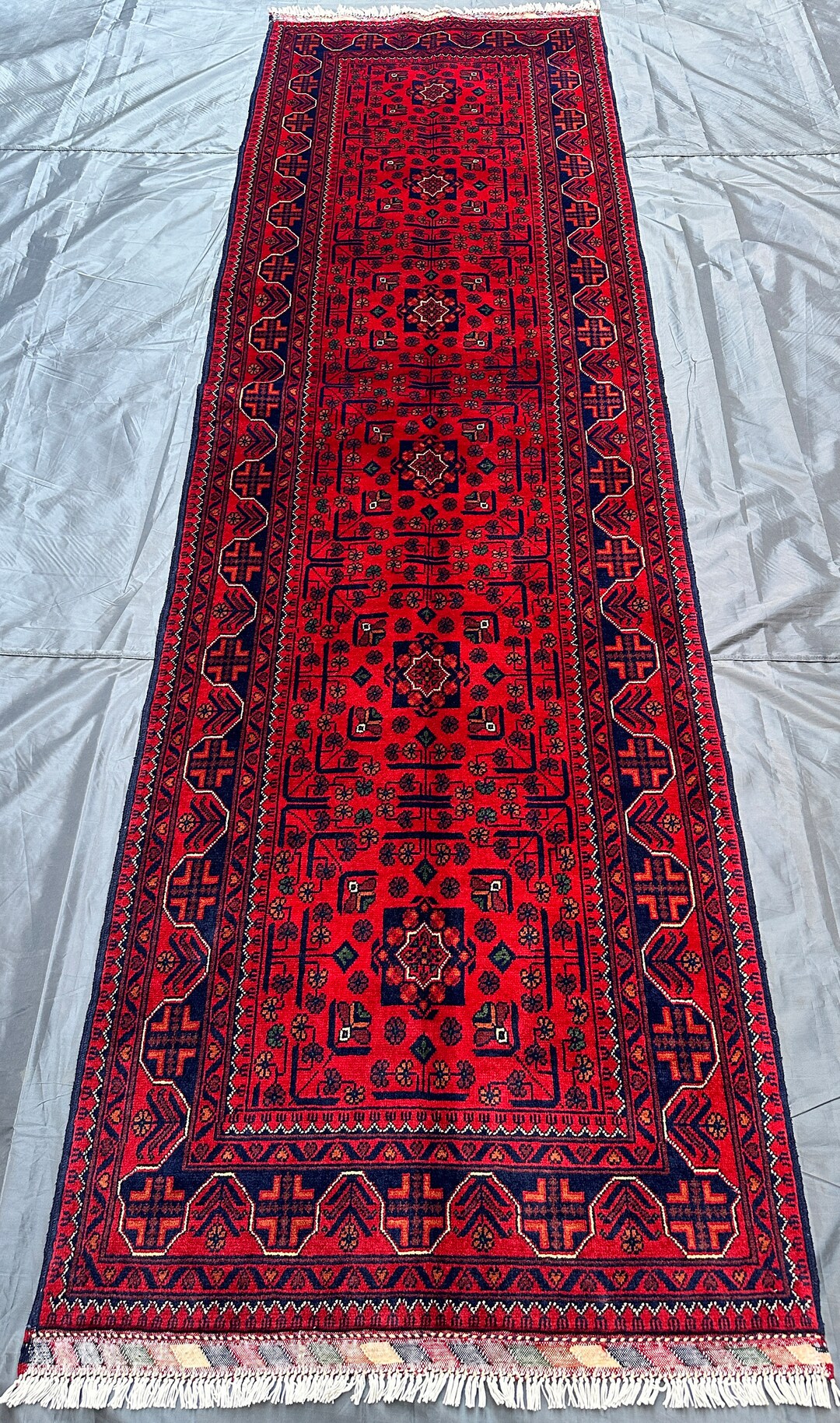 3x10 Afghan Hand Knotted Red Khamyab Bukhara Design Runner Rugnatural
