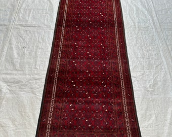 Vintage Afghan Bashiri Runner Rug: Red & Blue Wool, 2.8x9.10 ft
