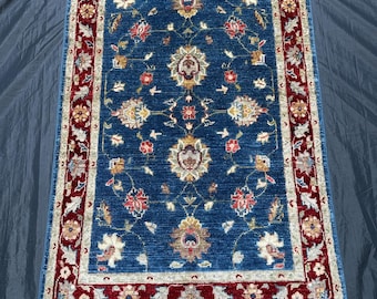 Handmade Sultani Wool Rug 3x4 ft Red, Dark Blue Floral Oriental Area Rug – Traditional Tribal Design Small Accent Rug, Kitchen Decor Rug