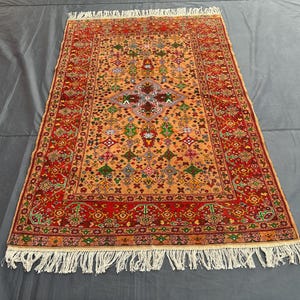 Handmade Baluchi 4x6 Ft Rug, Orange and Gold Wool Rug - Afghan Tribal Geometric Carpet, Vintage Area Rug, Soft Pile Decorative Wool Rug