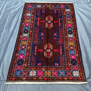 Dunkelblauer Belutschischer Teppich 1,00 x 1,5m - Handgewebter Wollteppich aus Wolle - Vintage Teppich - Handgeknüpfter Wollteppich - Boho Teppich