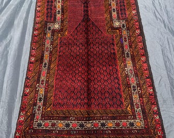 Vintage Handmade Wool Prayer Rug: Islamic Mosque Decor, 3x5 Ft