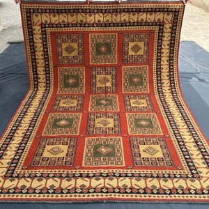 Soumak Wool Rug - 6&#39;1x8&#39;5 Ft Antique Caucasian Kilim - Handmade Geometric Area Rug - Beige, Red Vintage Rug- Afghan Oriental Bedroom Rug