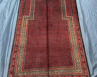Handmade Baluchi Prayer Rug: 3x5 ft Vintage Afghan Wool Mat