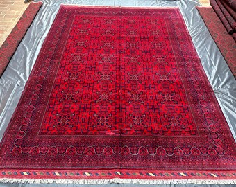 Handmade Afghan Red Bukhara Rug: Wool Oriental Carpet, 8.2x11.7