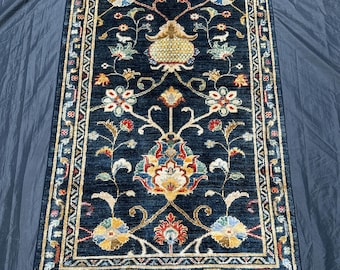 Handmade Navy Blue Sultani Rug – Floral Wool Oriental Rug (3x4 Ft)