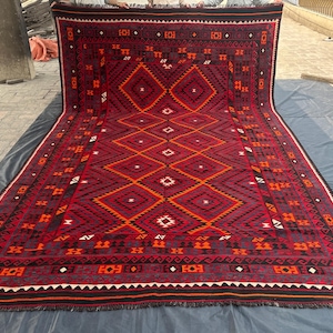 8x13 ft Red Vintage Turkmen Ghamoori Kilim Rug, Afghan Handmade Wool Rug, Flatweave Oriental Rug, Tribal Geometric Rug, Home Decor Large Rug
