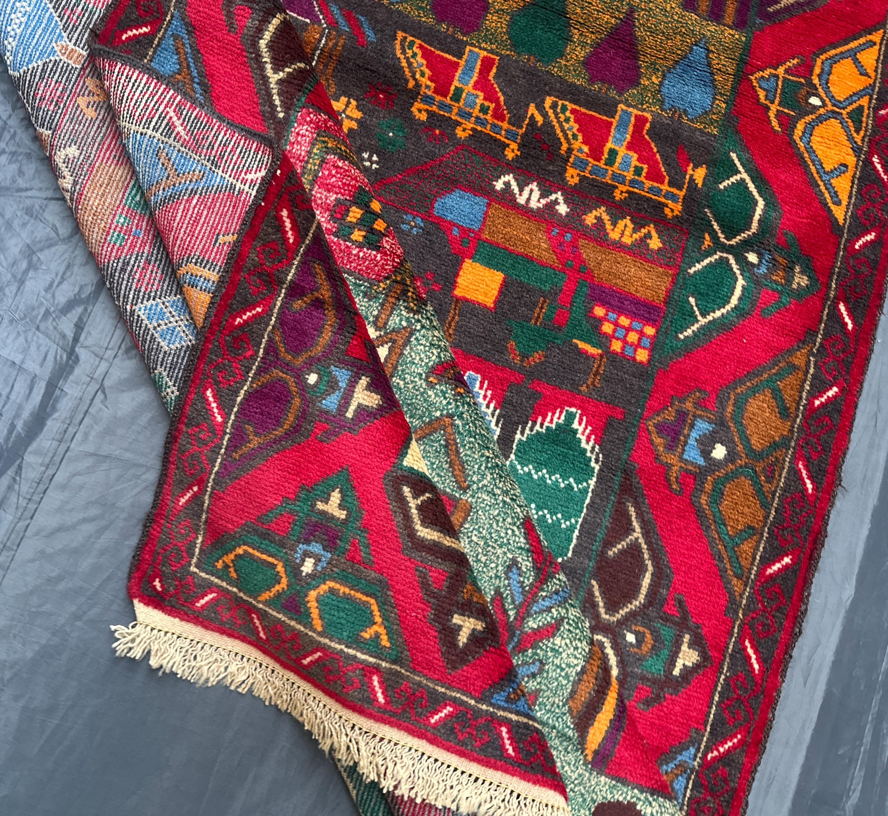 ハンドメイドのヴィンテージ絵画ラグ：4x7 レッド幾何学模様ウール