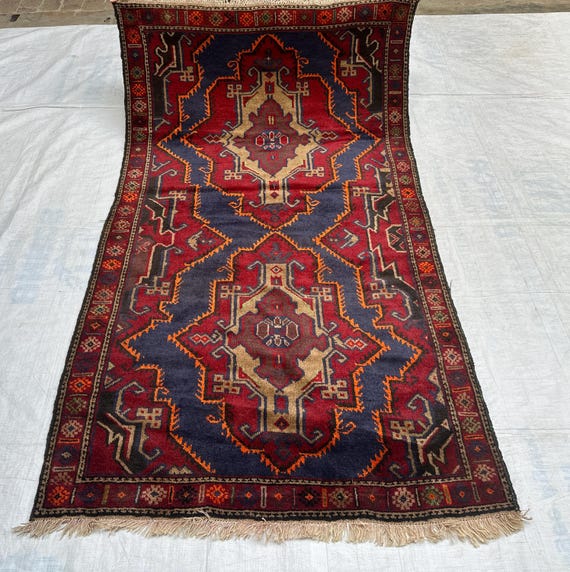 Baluch face rug今だけお値下げ！ Geometric Baluch Wool Rug: 4x8 FT Vintage Handwoven Afghan Carpet