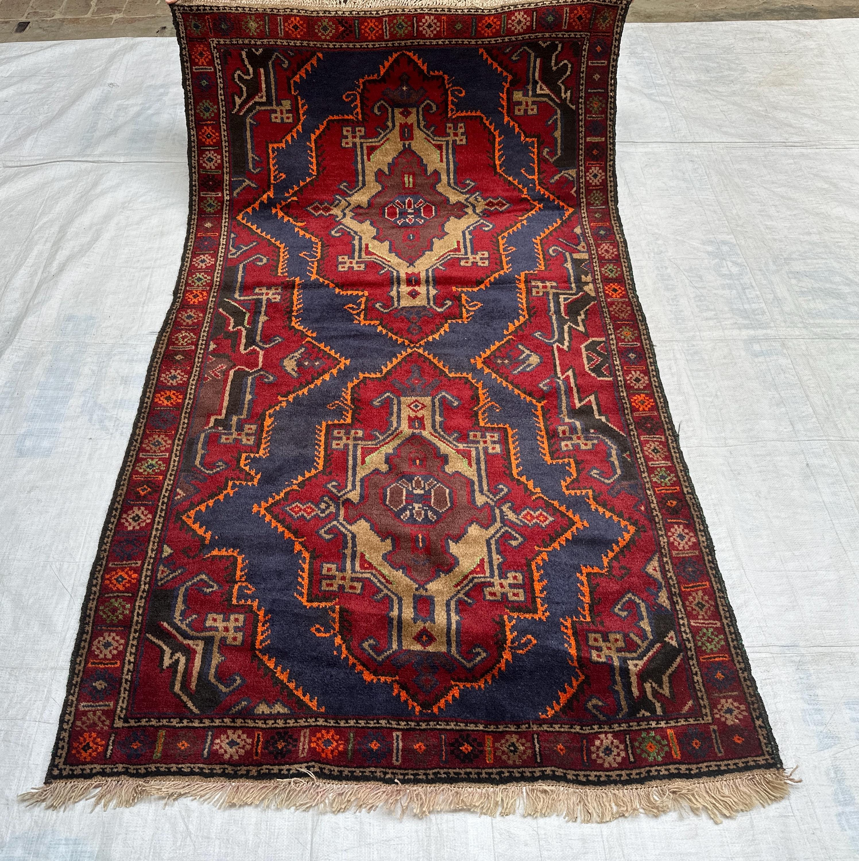 Geometric Baluch Wool Rug: 4x8 FT Vintage Handwoven Afghan Carpet