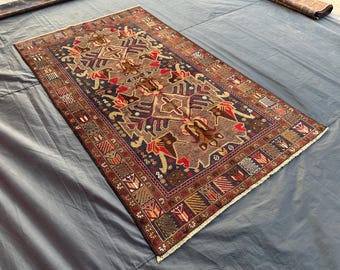 Alfombra antigua de colección - Alfombra vintage de los años 60 de 4x7 pies - Alfombra antigua lavable de lana teñida con tintes naturales - Alfombra oriental tribal suave para dormitorio