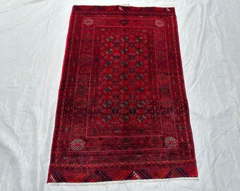 Vintage Red Mori Rug: 3x4 Ft Handmade Wool Afghan Carpet