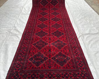 Vintage Kalisa-loper: 5 x 14 ft, handgemaakt wollen geometrisch gangtapijt