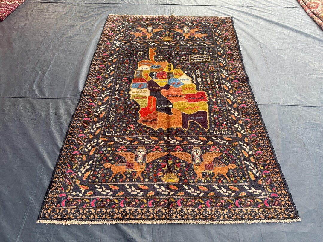 Handmade Wool Area Rug: Antique Turkmen Tribal Carpet, Animal & Map ...