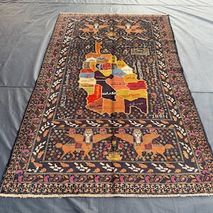 4 x 7 pi fait main pure laine, tapis à motif animalier et carte, authentique turkmène antique tapis, tapis tribal géométrique