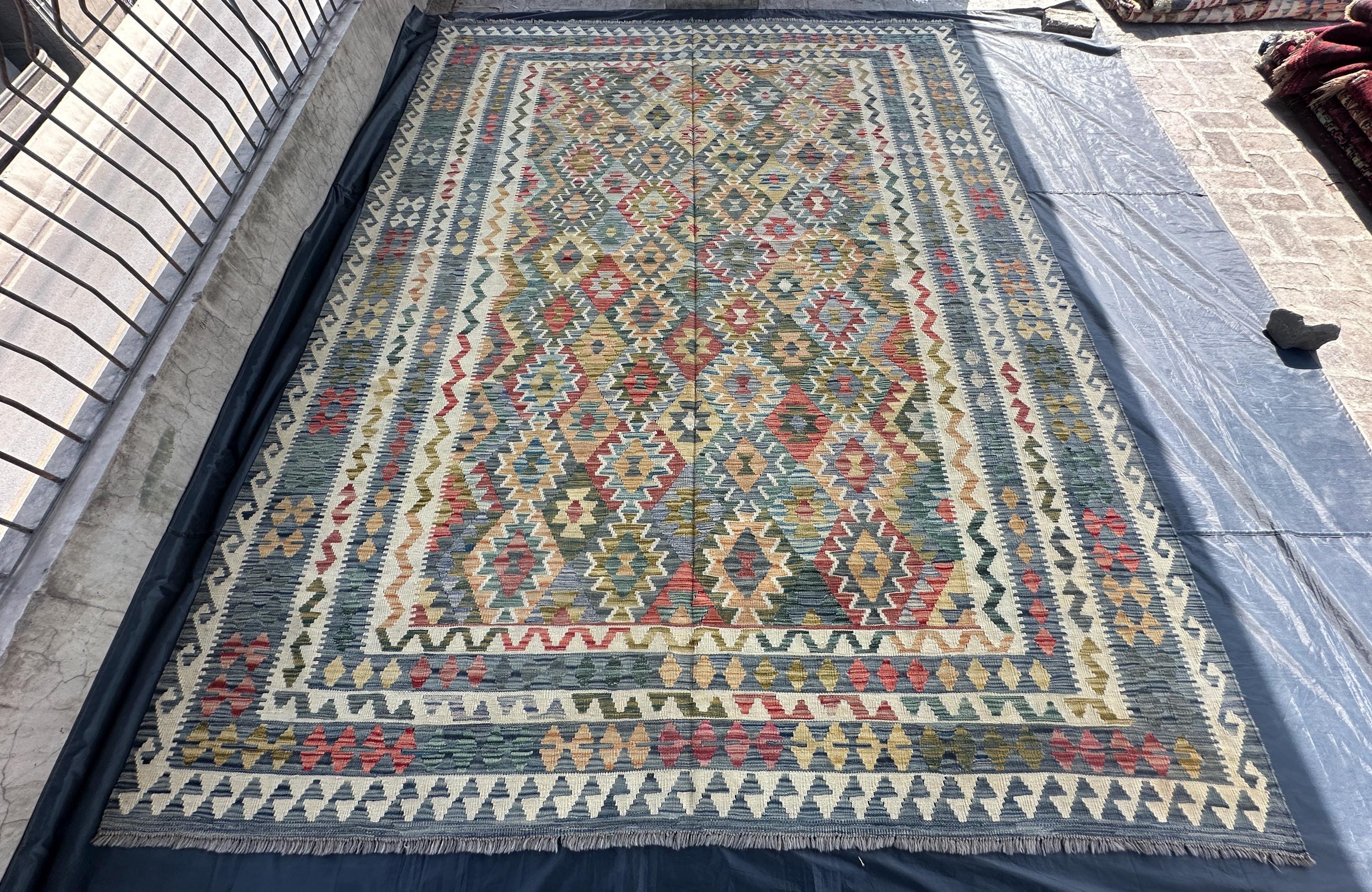 Large Afghan Kilim Rug: Vintage Gray Multicolored Wool, 9x12 Ft - Etsy