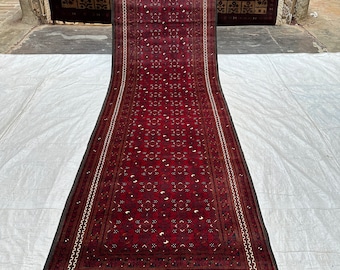 Vintage Afghan Runner Rug: 3x10 Red Blue Handmade Wool Hallway Rug