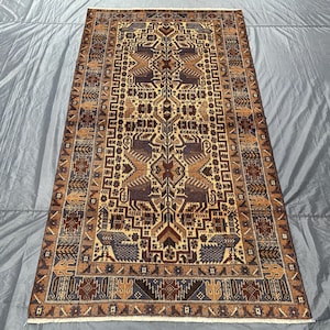 Antique Afghan Wool Rug: 4x7 Ft, Birds Pattern, Geometric Ethnic Design