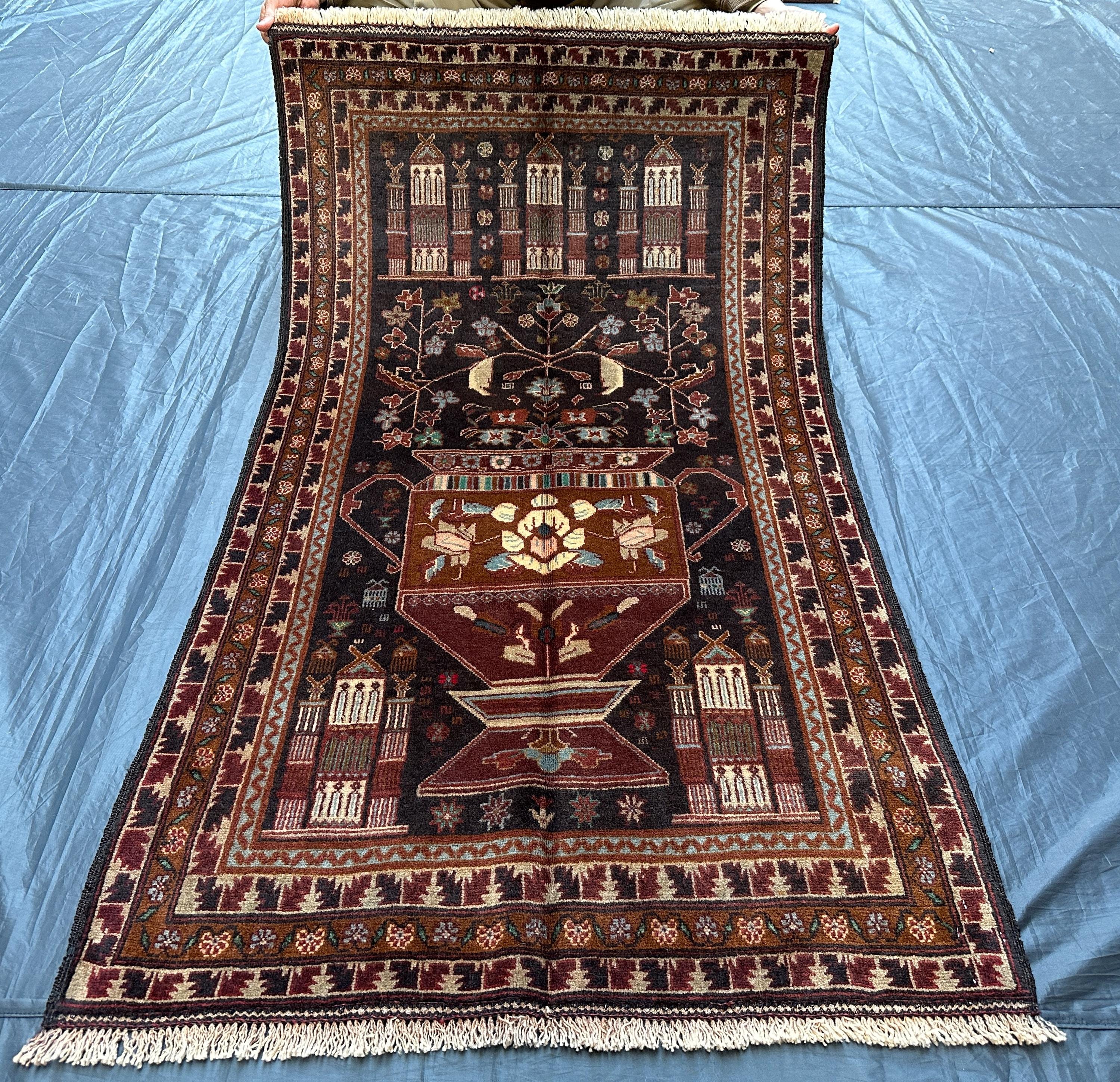 Vintage Baluchi Wool Rug: Flowerpot Print, Geometric Caucasian