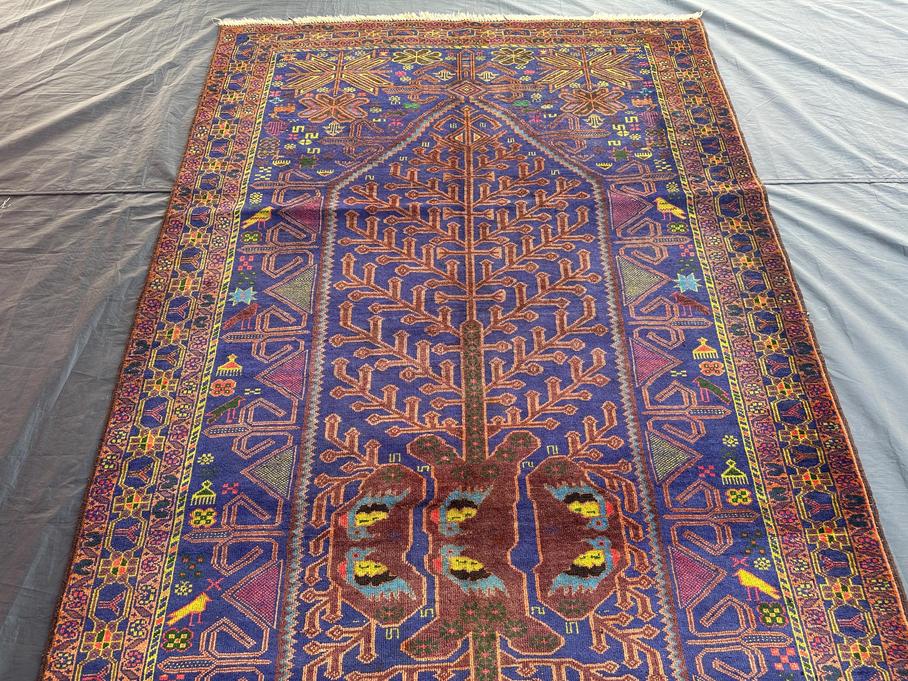 Vintage Baluchi Rug: 5x9 Navy Blue Geometric Wool Hallway Carpet