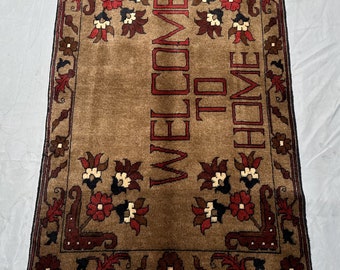 Vintage Afghan Wool Rug: Hand-Knotted Welcome Design (2ft 3in x 3ft 7in)