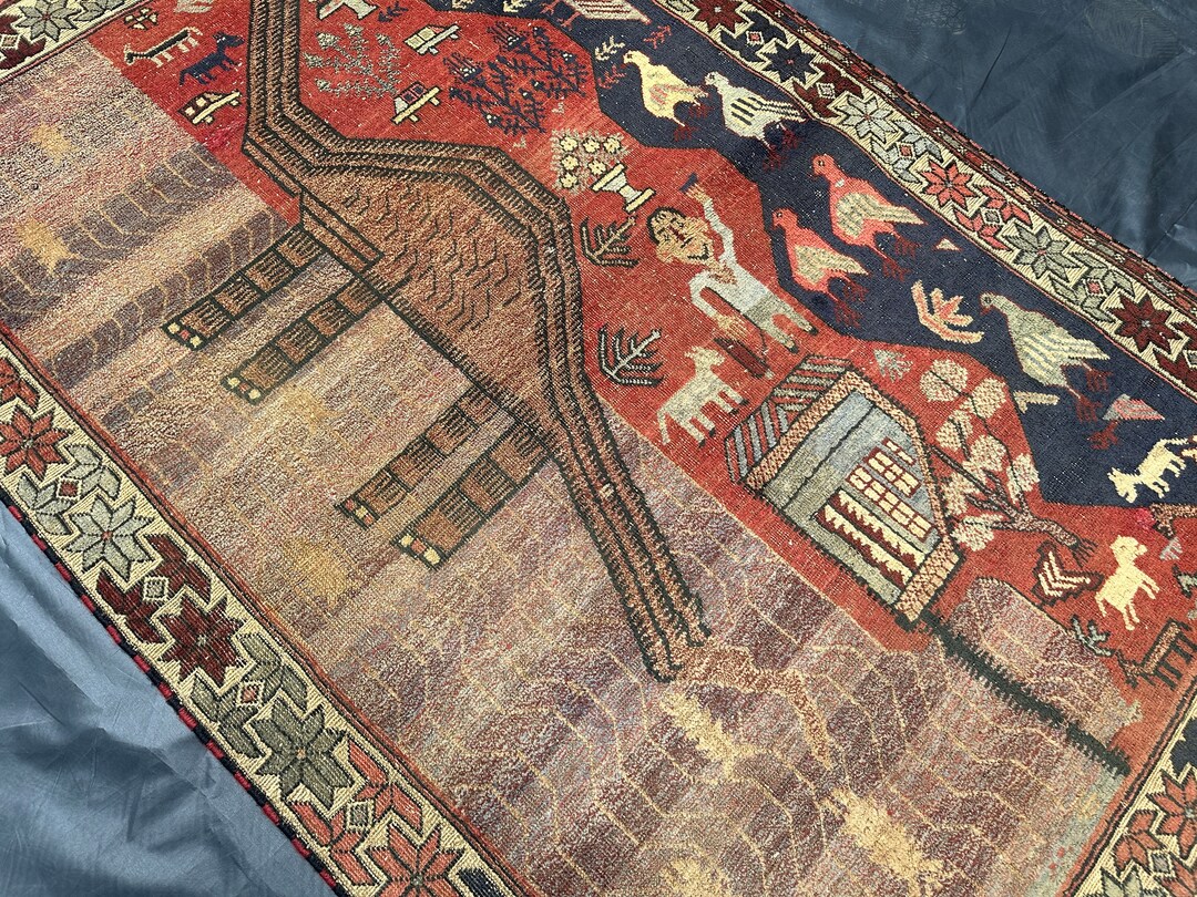 Filded Hanging Rug Low Pile 4x5 FT, Pictorial Birds Rug - Antique Faded Style Soft Wool ...