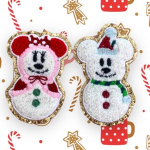 Schneemann Mickey Chenille Aufnäher, Schneemann Minnie Chenille Aufnäher, Bügelbild Chenille Aufnäher, Weihnachten Disney Aufnäher, Weihnachten Mickey Mouse Aufnäher
