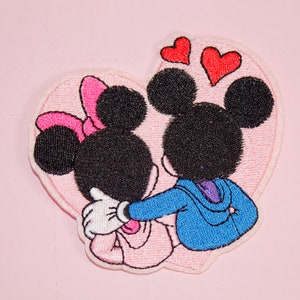 Minnie and Mickey hugging Embroidered Patch, Disney Embroidered Iron on Patch, Embroidered Adhesive Patch, 3 inches